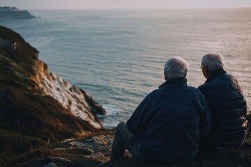 Two elderly men gaze out at the ocean.