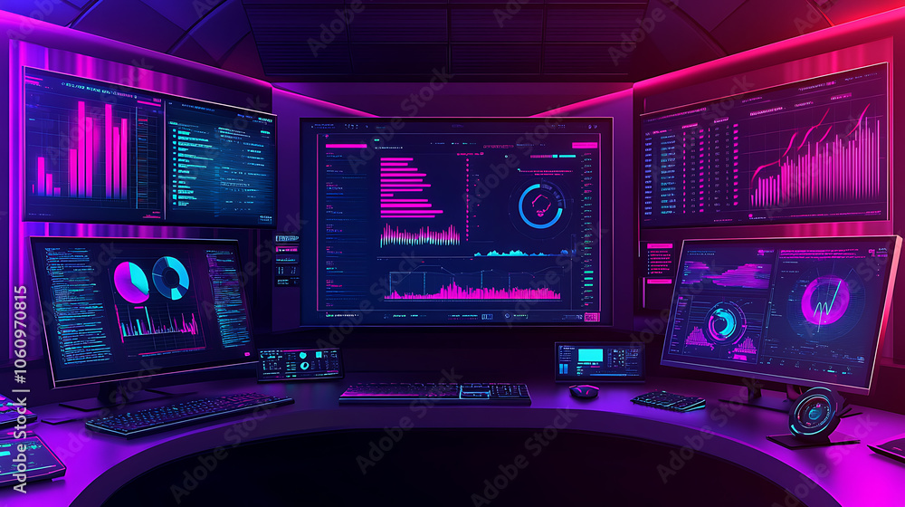 Aufkleber Intrusion Detection Systems (IDS) concept, showcasing abstract data dashboards with graphs, live network traffic analysis, and security alerts on multiple computer screens
