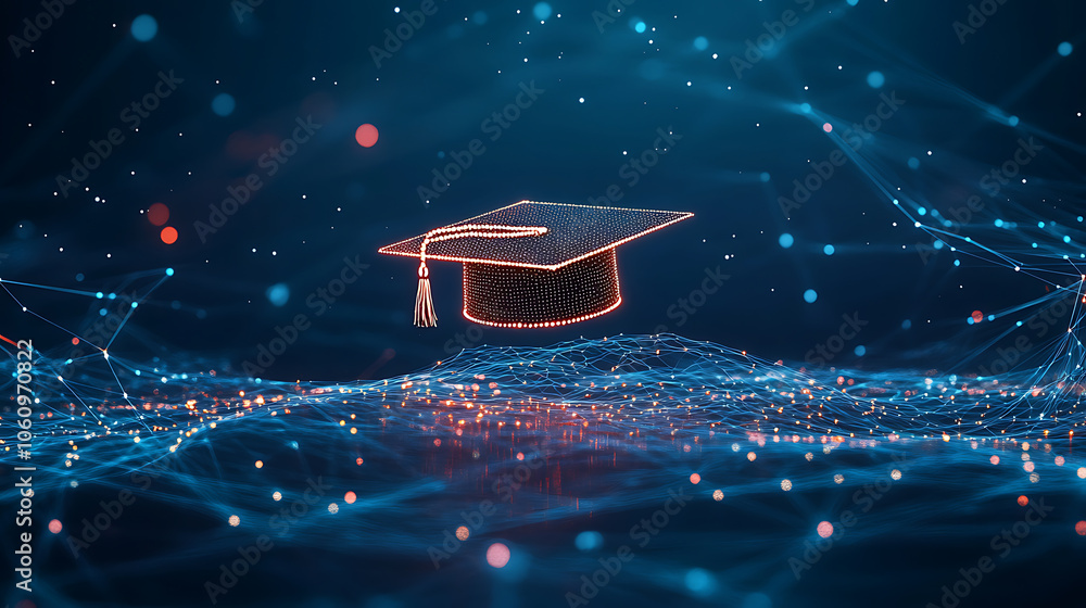 Poster abstract digital art of an open graduation cap made from glowing lines and dots, floating above a ne