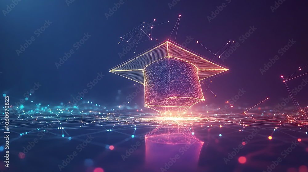 Poster abstract digital art of an open graduation cap made from glowing lines and dots, floating above a ne