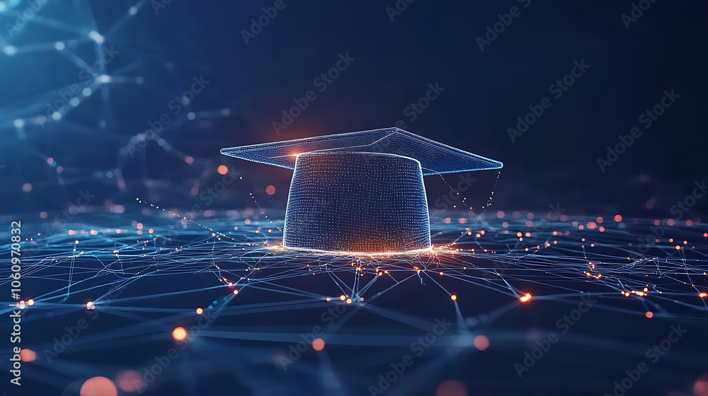 Poster abstract digital art of an open graduation cap made from glowing lines and dots, floating above a ne