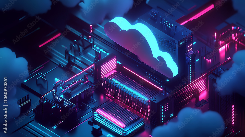 Fototapete Isometric cloud storage for downloading, representing a digital service or application facilitating data transmission, It embodies network computing technologies, showcasing a futuristic server