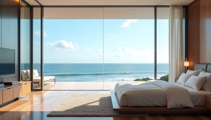 Modern room with panoramic ocean view through large windows and soft bed in bright sunlight
