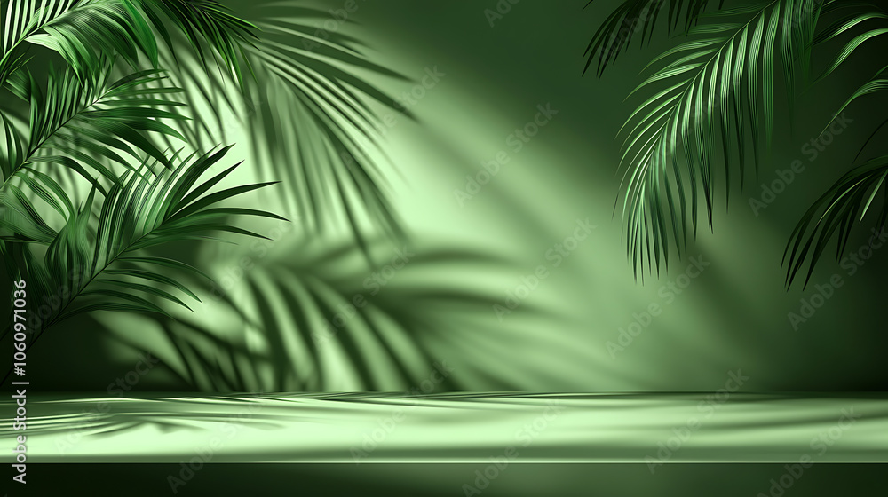 Poster Abstract green background with shadow of palm leaves on the wall, empty table for product presentation