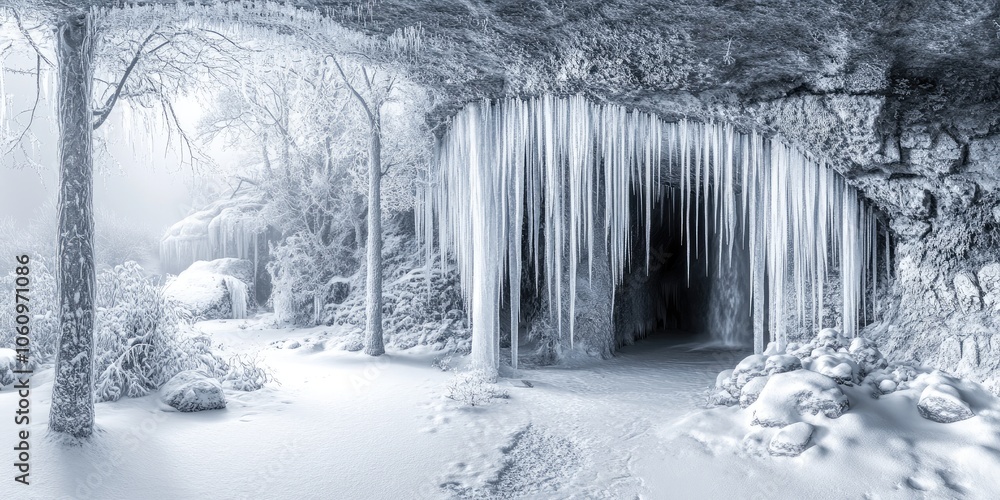 Poster the tranquil winter scene features a stunning cave entrance adorned with shimmering icicles, surroun