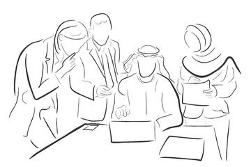 Hand drawn line art vector of a Saudi businessman brainstorming with team.