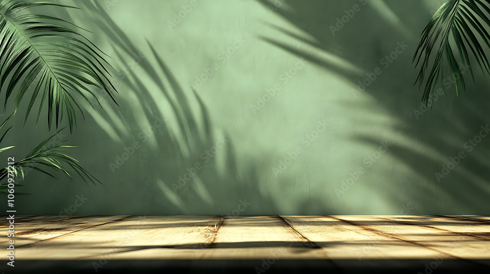 Poster Abstract green background with shadow of palm leaves on the wall, empty table for product presentation