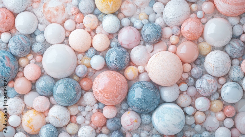 Poster a colorful assortment of spherical shapes resembling planets or decorative objects.