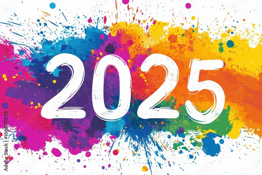 Poster colorful display with the bold number 2025 against a vibrant background of splashes and paint marks