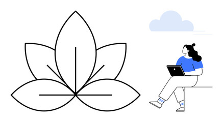 Woman sitting with a laptop beside a large, simple line-drawn lotus flower under a cloud. Ideal for wellness, mindfulness, meditation, relaxation, nature, work-life balance, digital nomadism themes