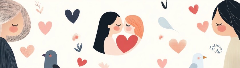 A charming illustration depicting love between women, surrounded by hearts and birds, celebrating affection and connection.