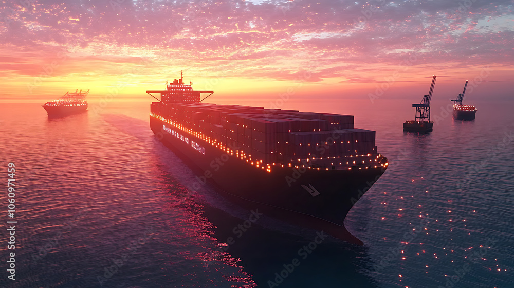 Poster futuristic cargo container ships utilize technology for global logistics, employing world maps and s
