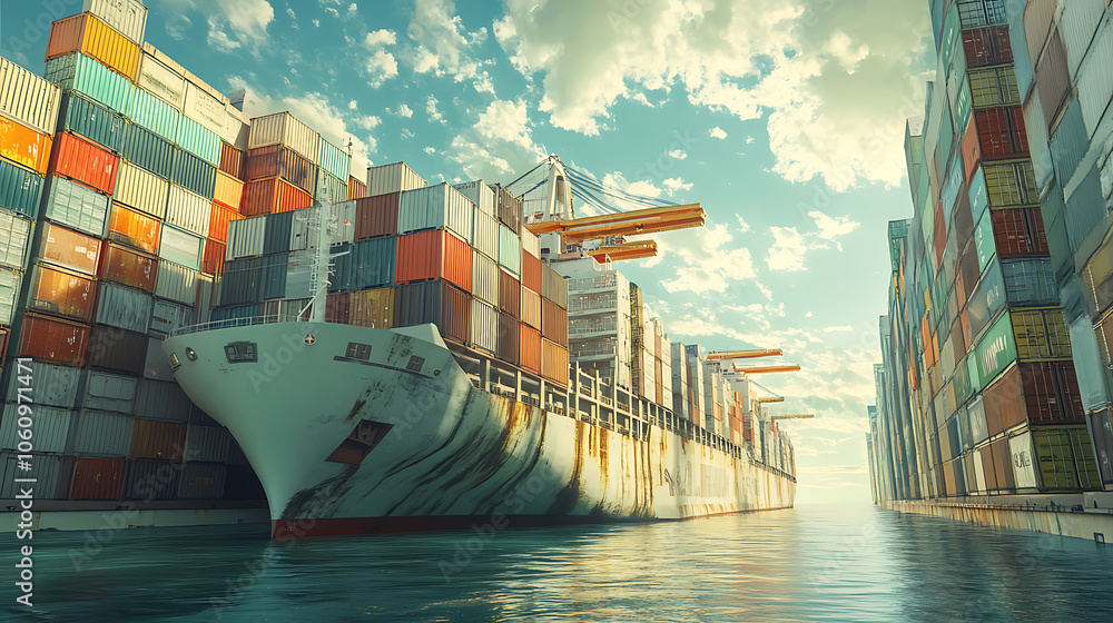 Poster futuristic cargo container ships utilize technology for global logistics, employing world maps and s