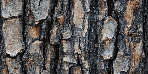 Obraz premium A close-up image of a tree's bark, showcasing the textured, patterned surface. The bark is mostly dark gray, with hints of brown and white, creating a beautiful visual contrast