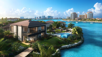 Fototapeta premium From Paradise Island, an aerial perspective showcases Harborside Villas along Nassau Harbour, with Nassau's cityscape in the distance, in the Bahamas