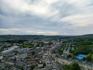 High Angle View of Historical Bath City of England United Kingdom During Mostly Cloudy Day of May 26th, 2024, Aerial Footage Was Captured with Drone's Camera During Bright Sunny Day