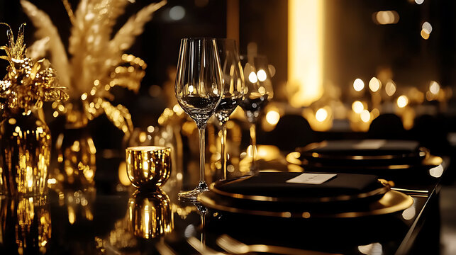 Luxury event concept with opulent black and gold decor Featuring elegant table settings and sophisticated lighting for a gala dinner