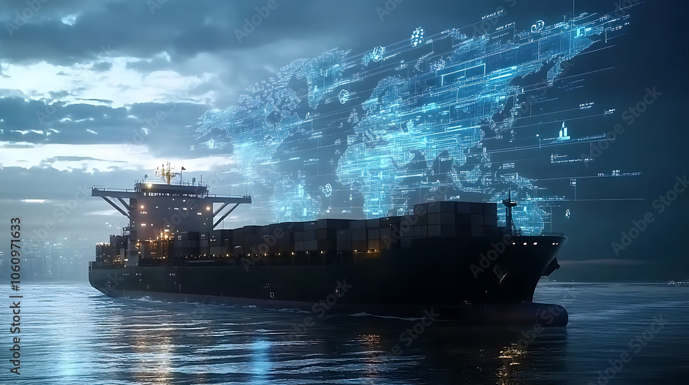 Poster futuristic cargo container ships utilize technology for global logistics, employing world maps and s
