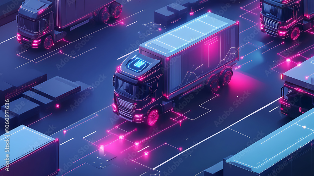 Poster futuristic smart fleet management system with connected trucks digital network illustration