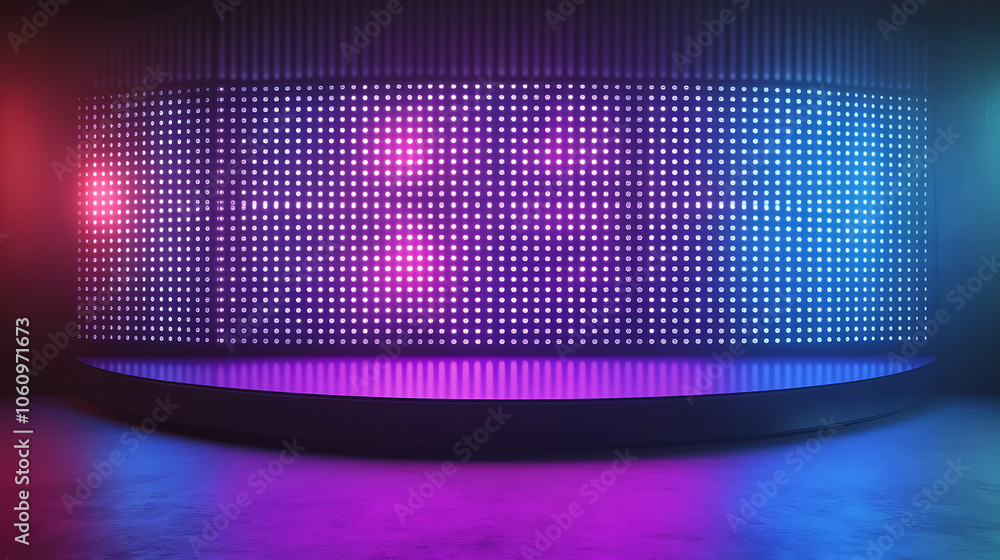Poster Authentic concave LED display for a wall or platform, Large TV display depicted in a vector illustration with neon blue and purple dot lights, Stadium digital scoreboard with diode lights