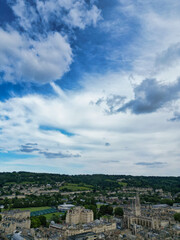High Angle View of Historical Bath City of England United Kingdom During Mostly Cloudy Day of May 26th, 2024, Aerial Footage Was Captured with Drone's Camera During Bright Sunny Day