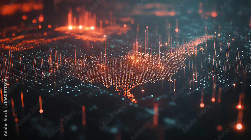 Poster global network of data transmission across usa map digital connectivity concept with glowing lines and dots 3d illustration