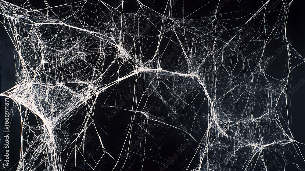 Poster black background with white spider webs, hanging from the left and right sides of the screen the web