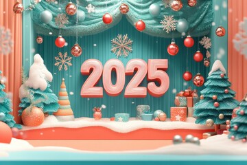 Festive winter display featuring 2025 with decorated trees, gifts, and snowflakes in vibrant colors