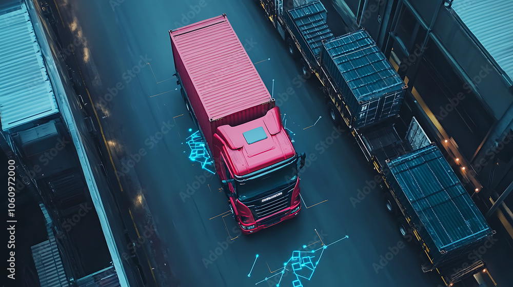 Aufkleber gps tracking of moving truck with container on map top view logistics concept