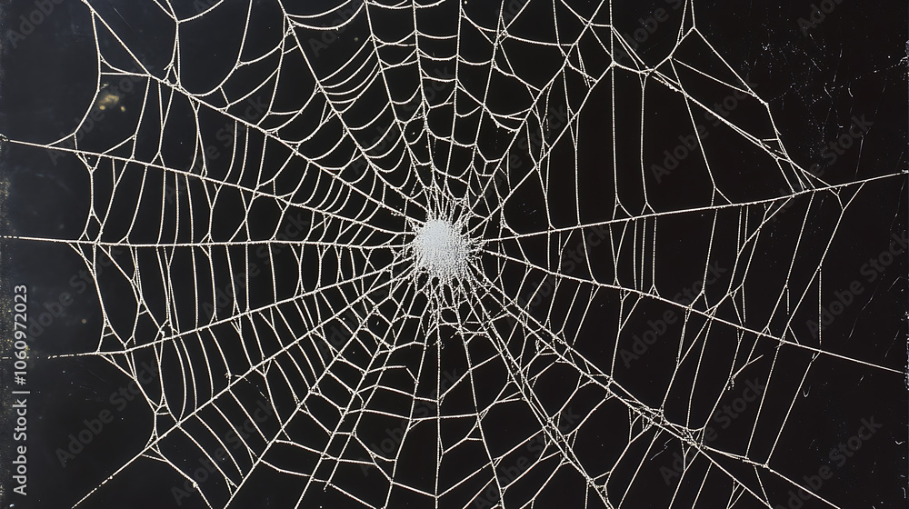 Poster black background with white spider webs, hanging from the left and right sides of the screen the web