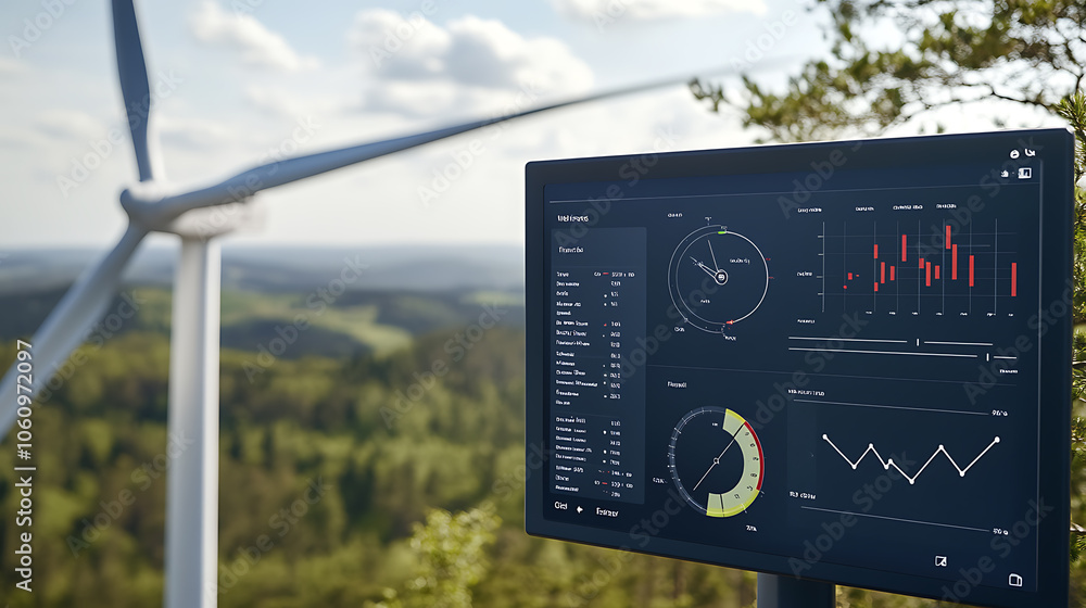 Poster modern wind turbine with a detailed energy data analytics dashboard in the foreground, displaying re