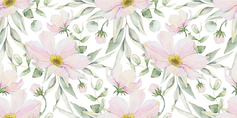 Cosmea flowers, eucalyptus leaves and branches. Hand drawn seamless pattern of watercolor pink wildflowers. Summer floral background for wedding design, textiles, wrapping paper, scrapbooking