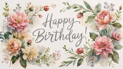 Colorful floral design with the message Happy Birthday celebrating a special occasion surrounded by blossoms and greenery