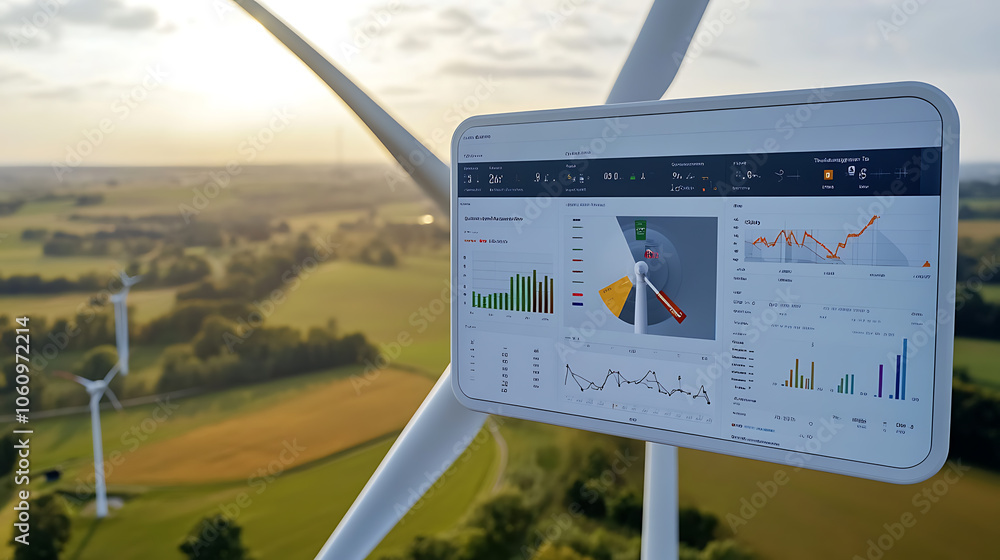 Poster modern wind turbine with a detailed energy data analytics dashboard in the foreground, displaying re