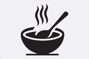 Black silhouette of a bowl of hot soup with a spoon