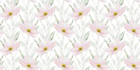 Print of pink and white Cosmea flowers. Cosmos bipinnatus. Hand drawn watercolor seamless pattern of Mexican aster. Summer floral background for wedding design, textiles, wrapping paper, scrapbooking