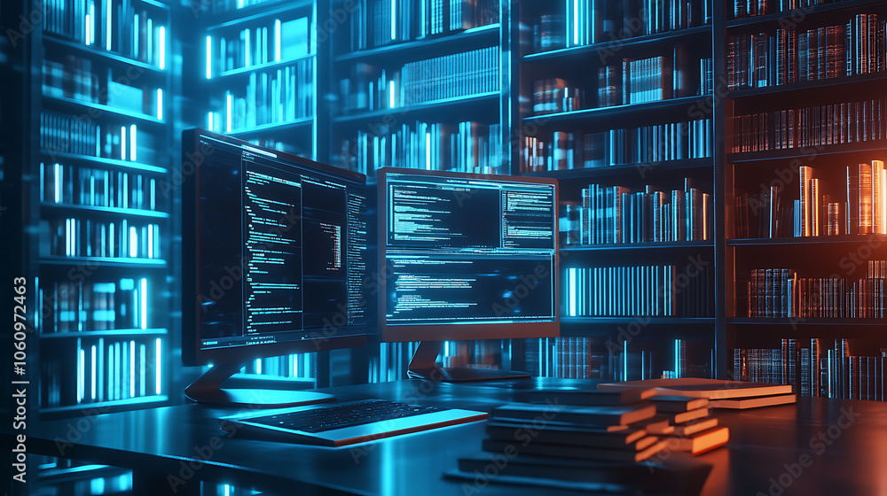 Poster inside a computer, a digital library houses a vast collection of books, signifying the limitless rea