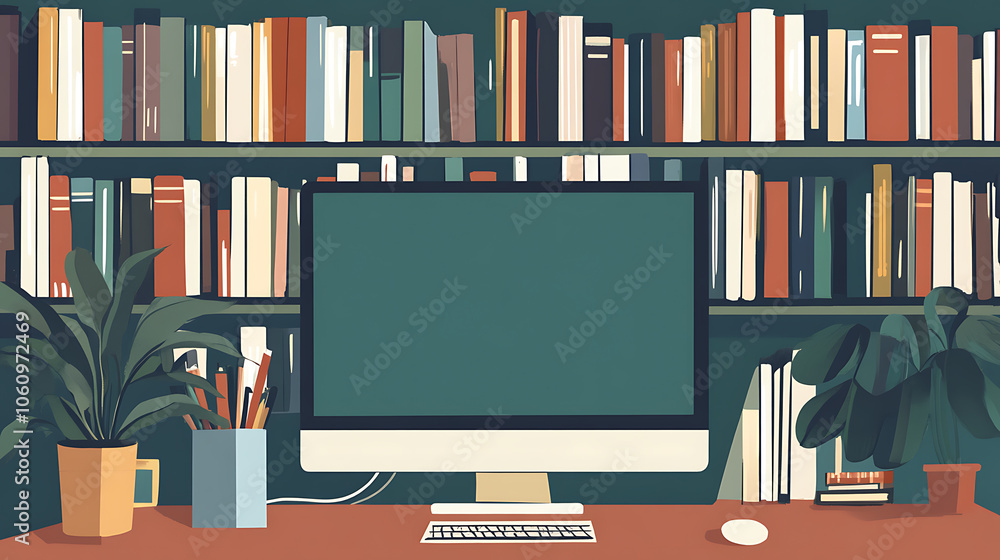 Poster inside a computer, a digital library houses a vast collection of books, signifying the limitless rea