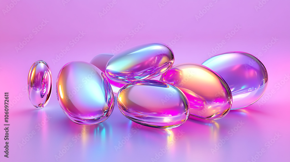 Poster iridescent liquid metal blobs futuristic chrome shapes holographic melted drops abstract 3d elements