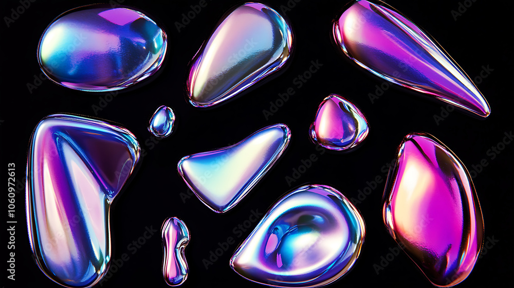 Poster iridescent liquid metal blobs futuristic chrome shapes holographic melted drops abstract 3d elements