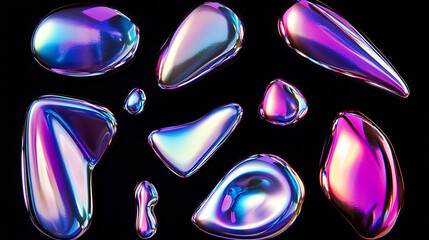 iridescent liquid metal blobs futuristic chrome shapes holographic melted drops abstract 3d elements 3d illustration