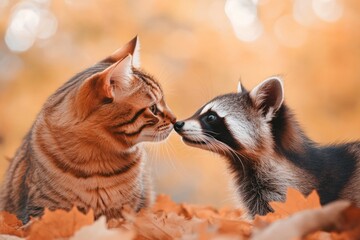 Fototapeta premium Bengal cat and raccoon share a gentle nose touch in a peaceful fall forest setting