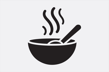 Black silhouette of a bowl of hot soup with a spoon.