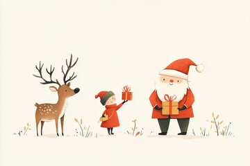 Fototapeta premium Ilustrações de Natal com Papai Noel, renas e elfos segurando presentes, estilo lúdico e minimalista, criado por IA generativa.