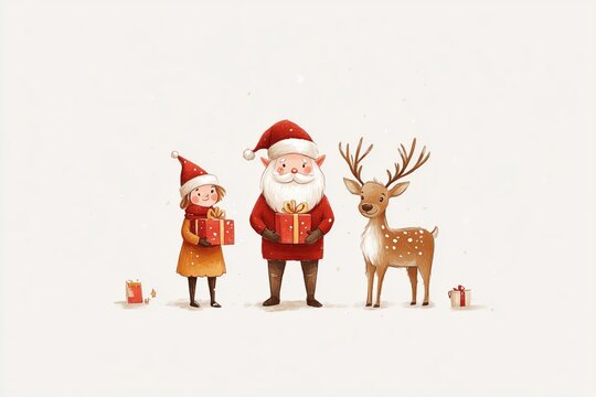 Ilustra&ccedil;&otilde;es de Natal com Papai Noel, renas e elfos segurando presentes, estilo l&uacute;dico e minimalista, criado por IA generativa.
