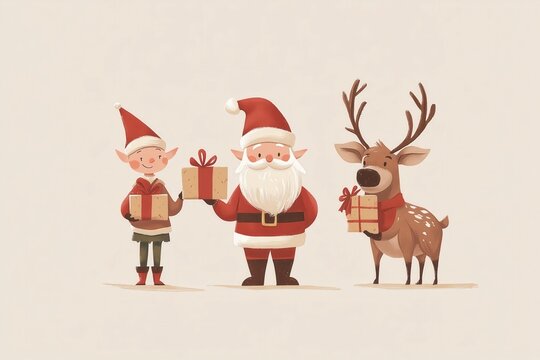 Ilustra&ccedil;&otilde;es de Natal com Papai Noel, renas e elfos segurando presentes, estilo l&uacute;dico e minimalista, criado por IA generativa.