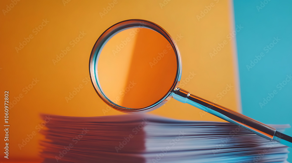 Poster magnifying glass and a stack of report paper documents, concept of business and search