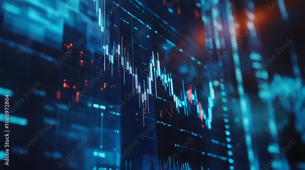 Leinwandbilder Macro close, up of a stock market investment trading chart displayed in blue, analyzing data with candlestick graphs