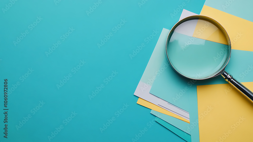 Aufkleber magnifying glass and a stack of report paper documents, concept of business and search