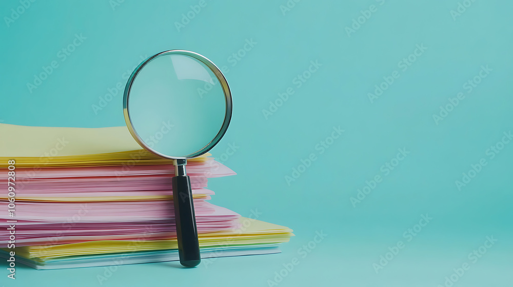 Poster magnifying glass and a stack of report paper documents, concept of business and search